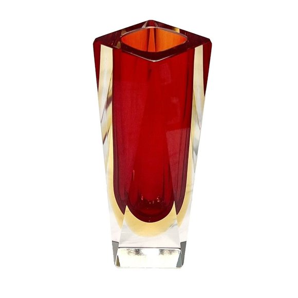 Murano Red Yellow Clear Sommerso Vase Triangular Multifaceted 6.25" H Signed - Picture 3 of 10